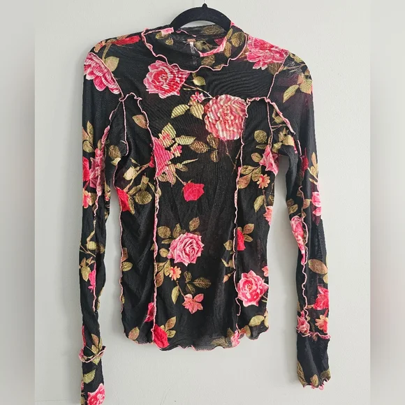Free People Black and Pink Sheer Floral Women's Top | Medium - Picture 1 of 3